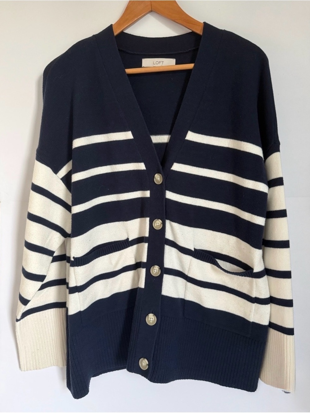 LOFT Navy and Cream Striped Button-Front Cardigan - Picture 2 of 7